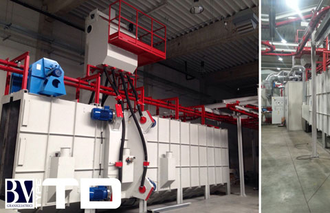 Shotblasting plant with overhead conveyor